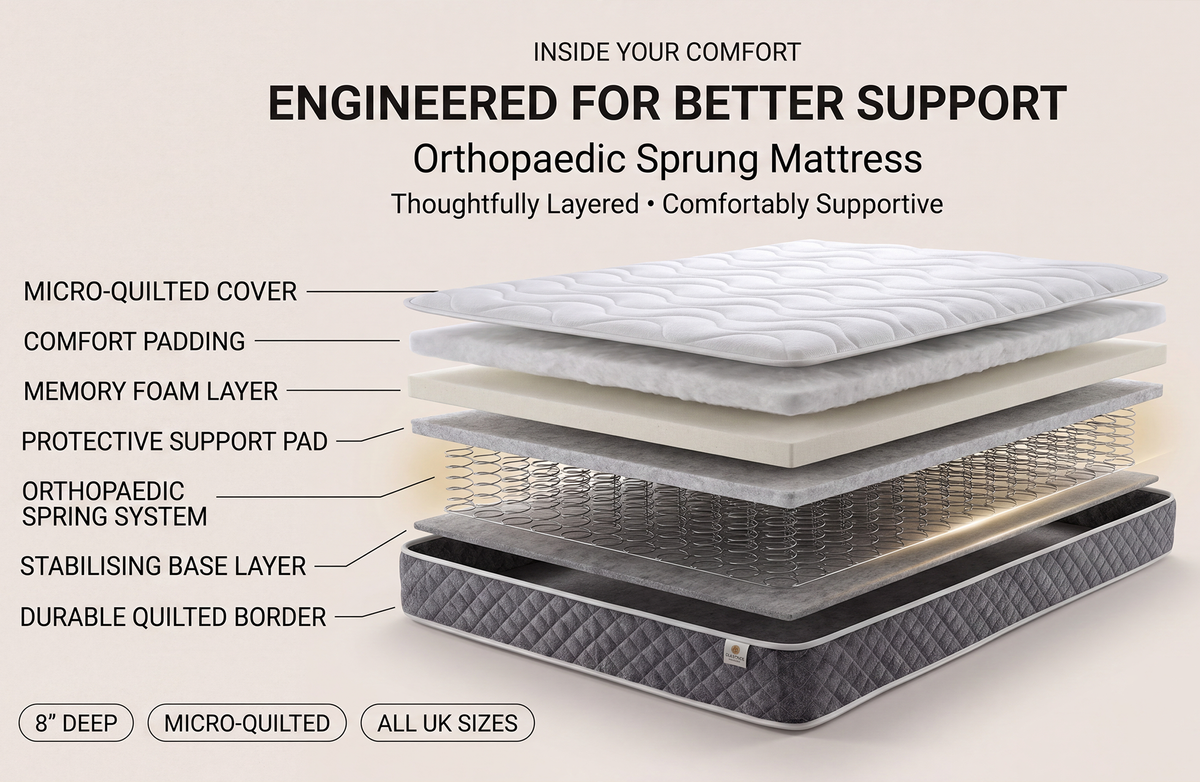 Orthopaedic Sprung Mattress Micro Quilted 8″ Grey Border All Sizes Available